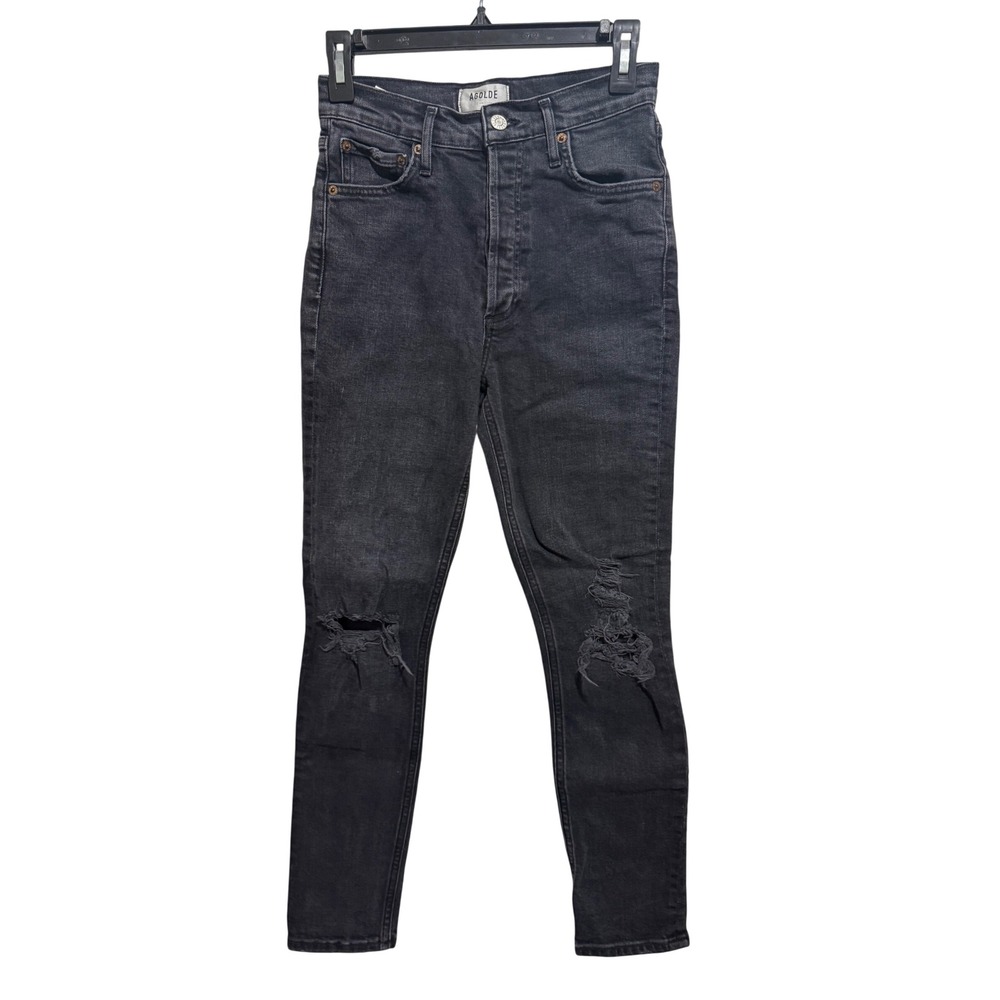 AGOLDE Nico Skinny Jeans Womens 25 Black Distressed High‎ Rise Ripped Button Fly